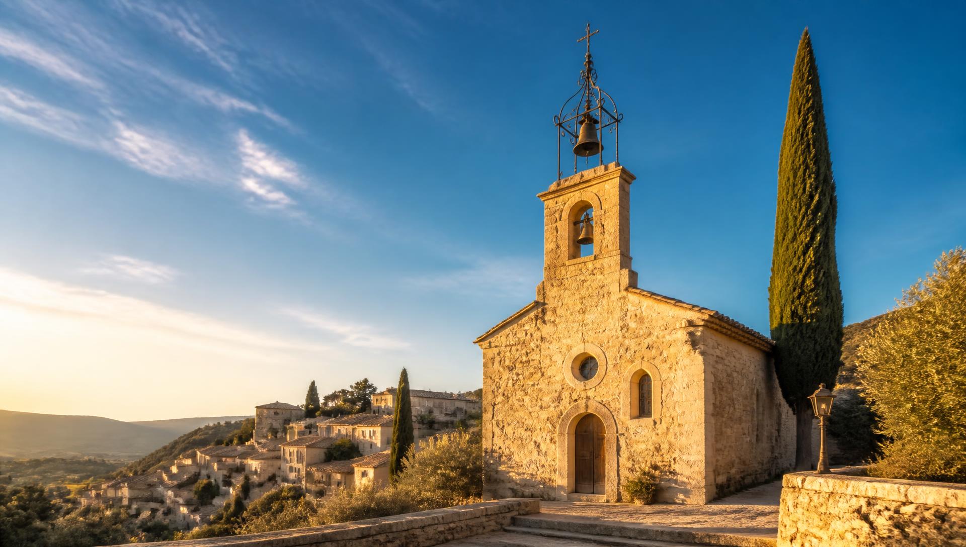 Église de village en pierre de Provence à la lumière du soir